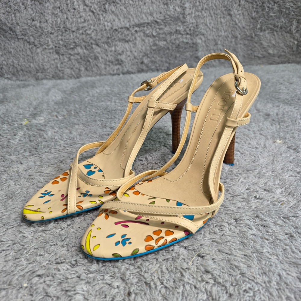 Vigotti Leather Floral Cutout Slingback Sandals Blue Accent Heels‎ Women 8 NEW